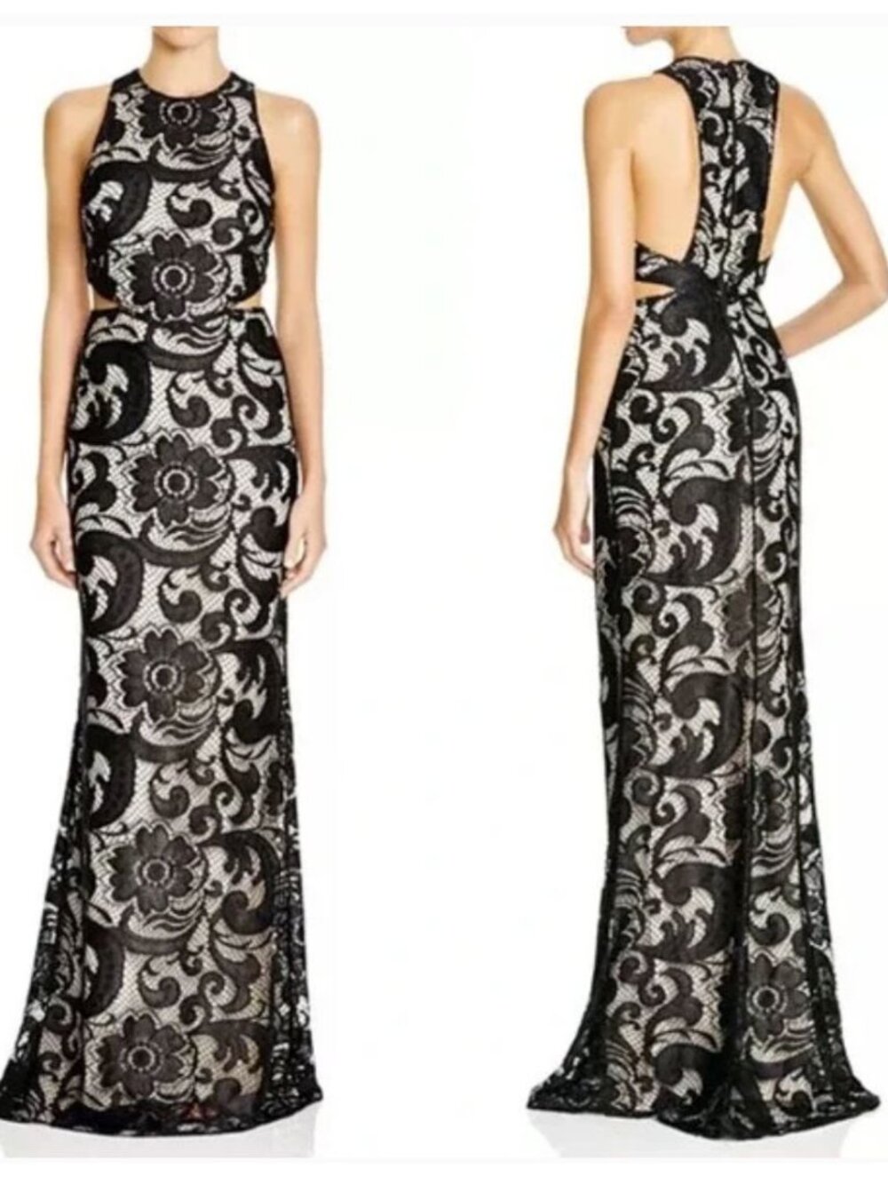 Alice + Olivia Adel Side Cutout Gown Floral Lace Black Sleeveless Formal XS